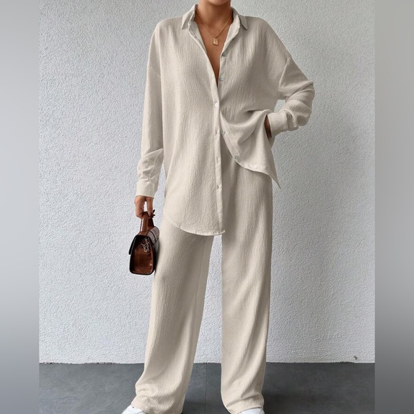 SHEIN set drop shoulder high waisted camel beige pants apricot white - Picture 1 of 2